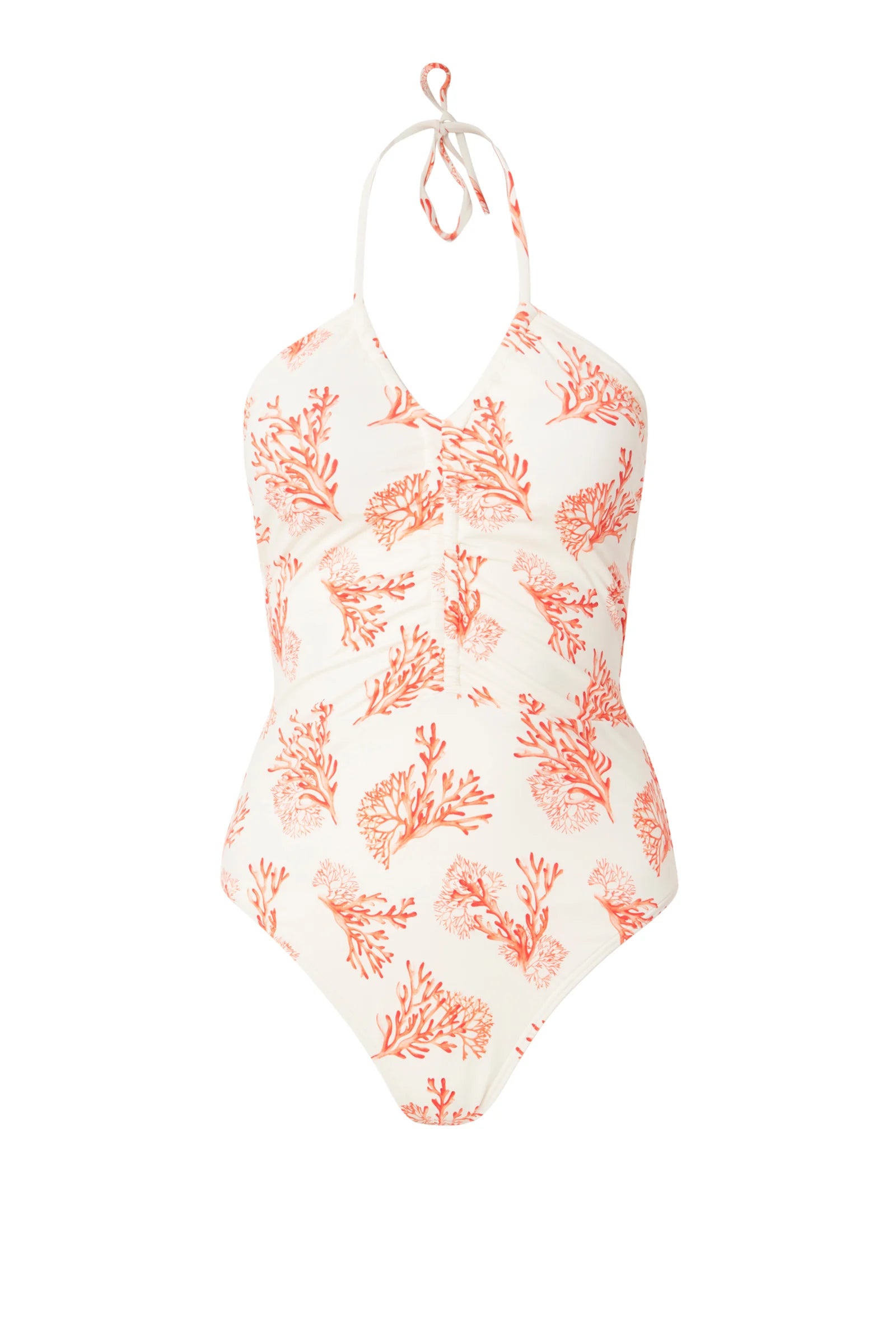 V neck halterneck ecru swimsuit with orange/red coral print