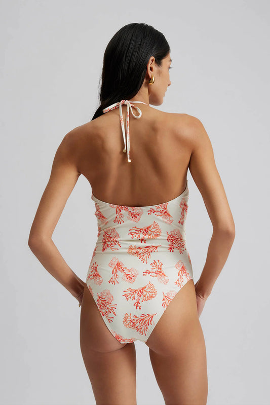 V neck halterneck ecru swimsuit with orange/red coral print