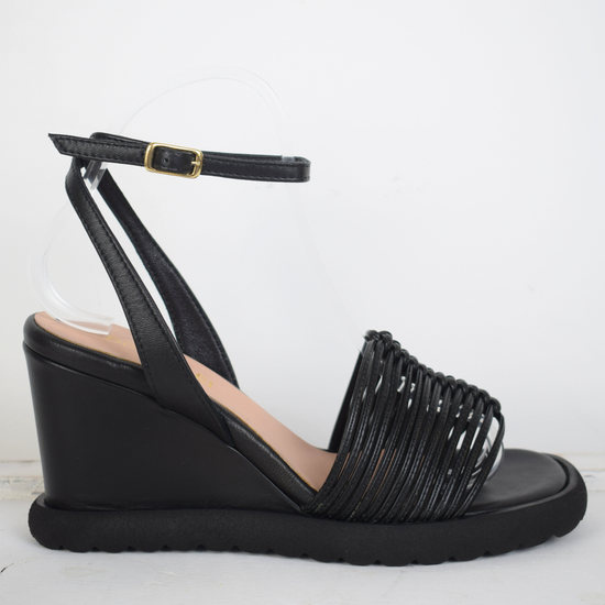 Black strappy wedges with moulded sole