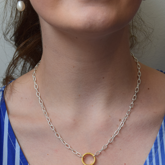 Silver chain necklace with gold hammered circle charm 