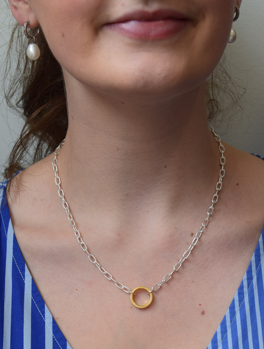 Silver chain necklace with gold hammered circle charm 