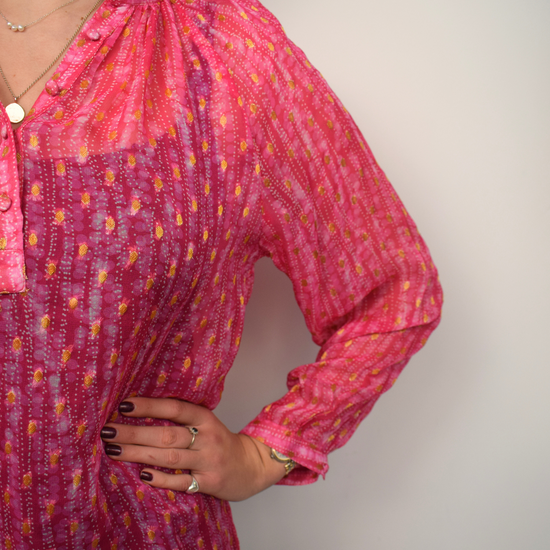 Pink and gold thread sheer top with gold thread