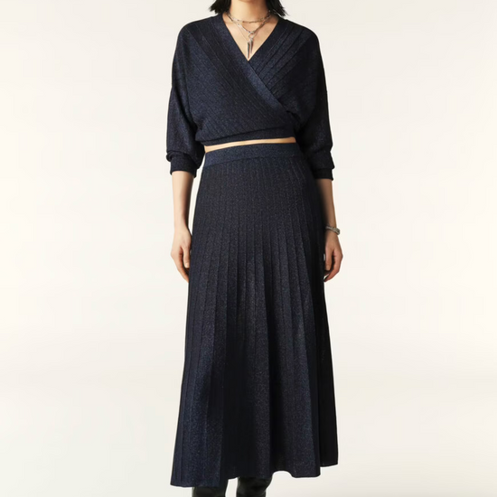 Navy ribbed A line shimmer midi skirt