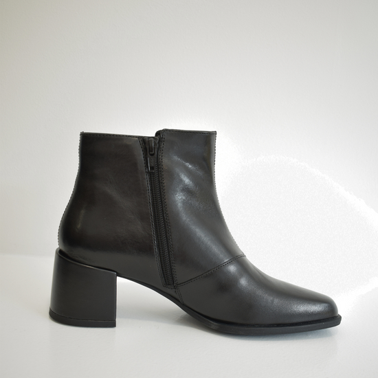 Black ankle boot with leather wrapped block heel and zip fastening