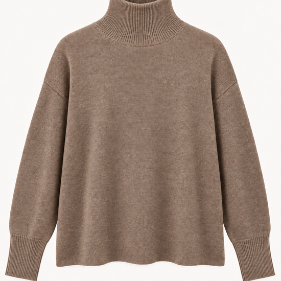 A taupe brown knit turtleneck sweater with a relaxed fit, displayed on a clean white background.