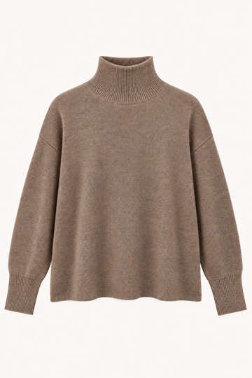 A taupe brown knit turtleneck sweater with a relaxed fit, displayed on a clean white background.