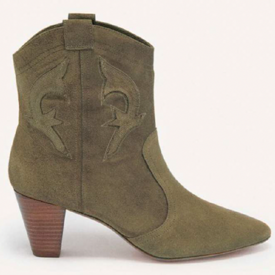 Khaki suede cowboy style boots with cuban heel and embroidery on the sheath