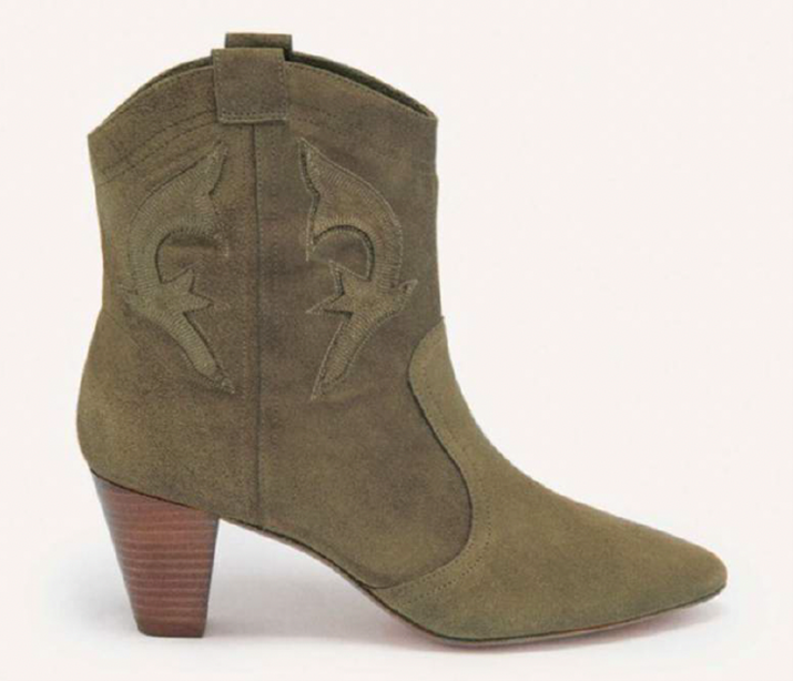 Khaki suede cowboy style boots with cuban heel and embroidery on the sheath