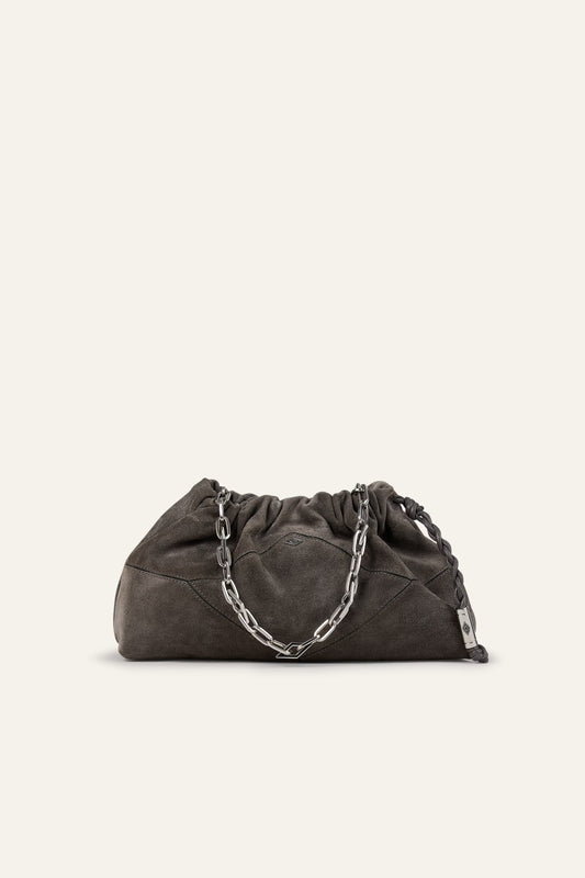 Dark gray clutch bag with chain detail on a beige background from ba&sh