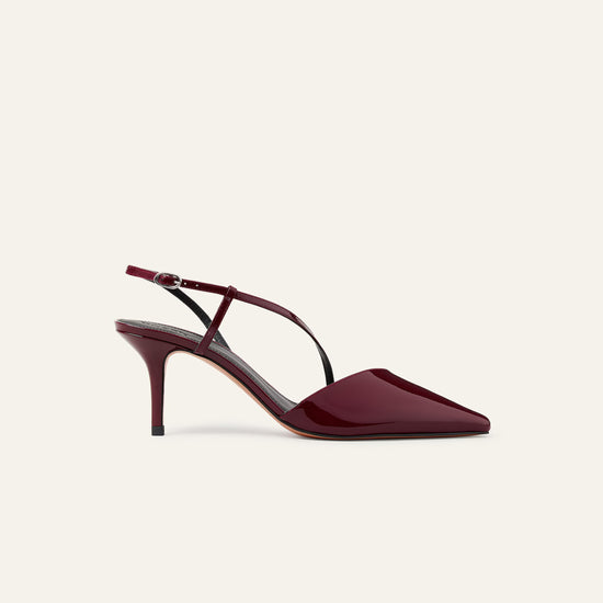 dark red patent stiletto heel shoe