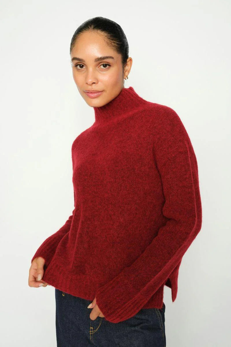 Woman wearing a red turtleneck sweater against a white background