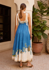 tie strap midi dress with blue and cream flora print model shot