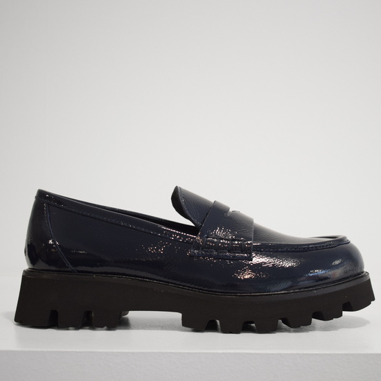 Navy patent leather loafer