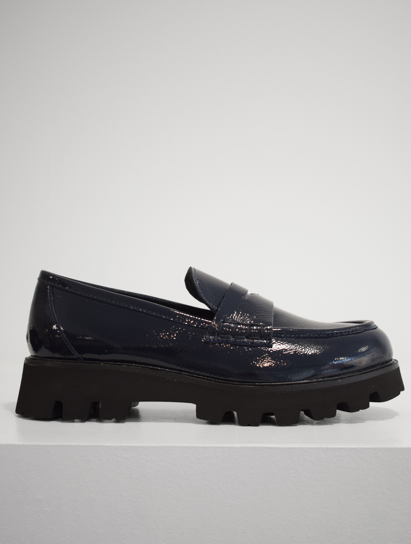 Navy patent leather loafer