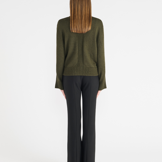 Dark green jumper with round neck, and ribbed hem and cuffs. Rear view