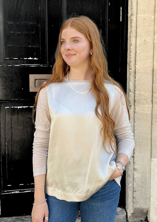 Cream silky shirt with round neck and jersey sleeves