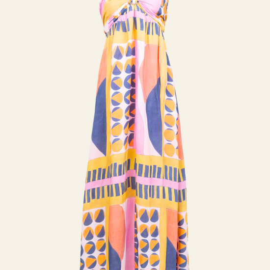 maxi length dress in geometric print with adjustable straps and open back detail