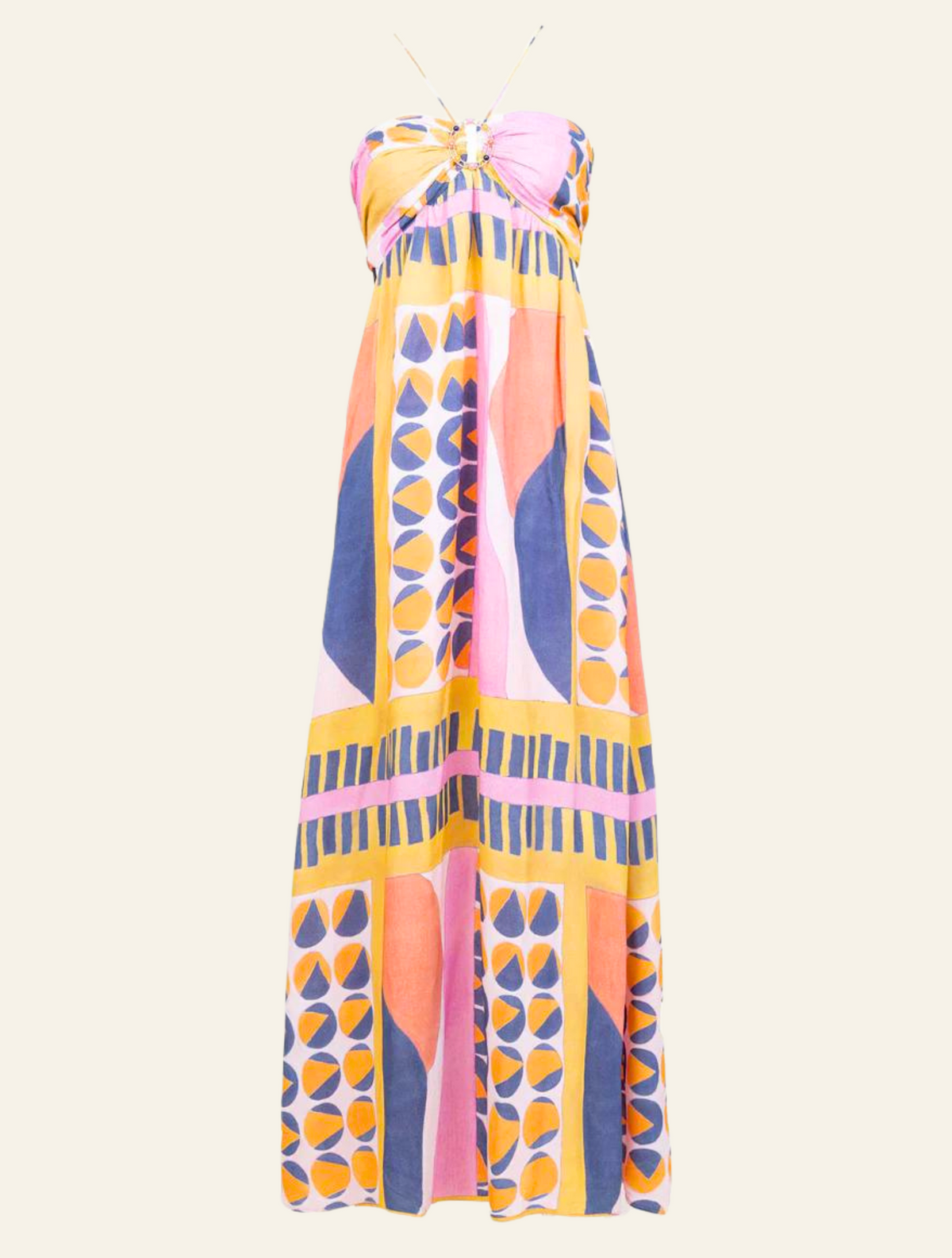 maxi length dress in geometric print with adjustable straps and open back detail