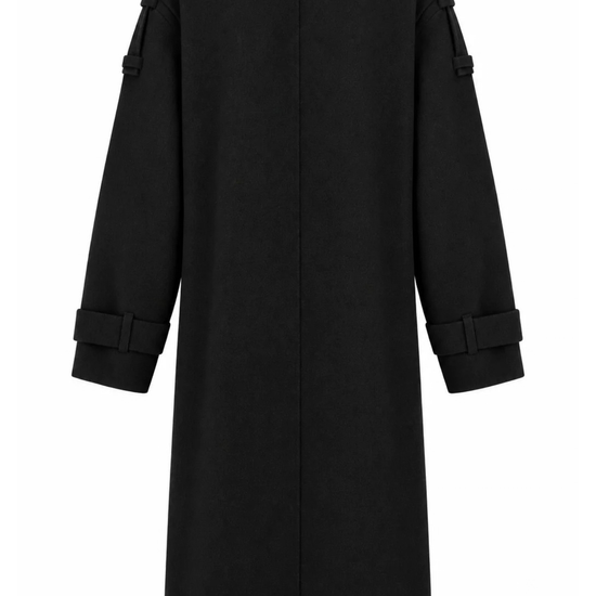 A black long coat shown from the back, featuring a high collar, long sleeves with buttoned cuffs, and matching buttoned details on the upper sleeves, set against a plain white background.
