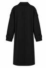 A black long coat shown from the back, featuring a high collar, long sleeves with buttoned cuffs, and matching buttoned details on the upper sleeves, set against a plain white background.