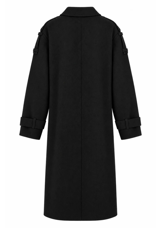 A black long coat shown from the back, featuring a high collar, long sleeves with buttoned cuffs, and matching buttoned details on the upper sleeves, set against a plain white background.