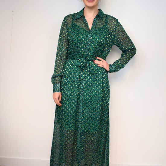 Green and gold thread maxi shirt dress