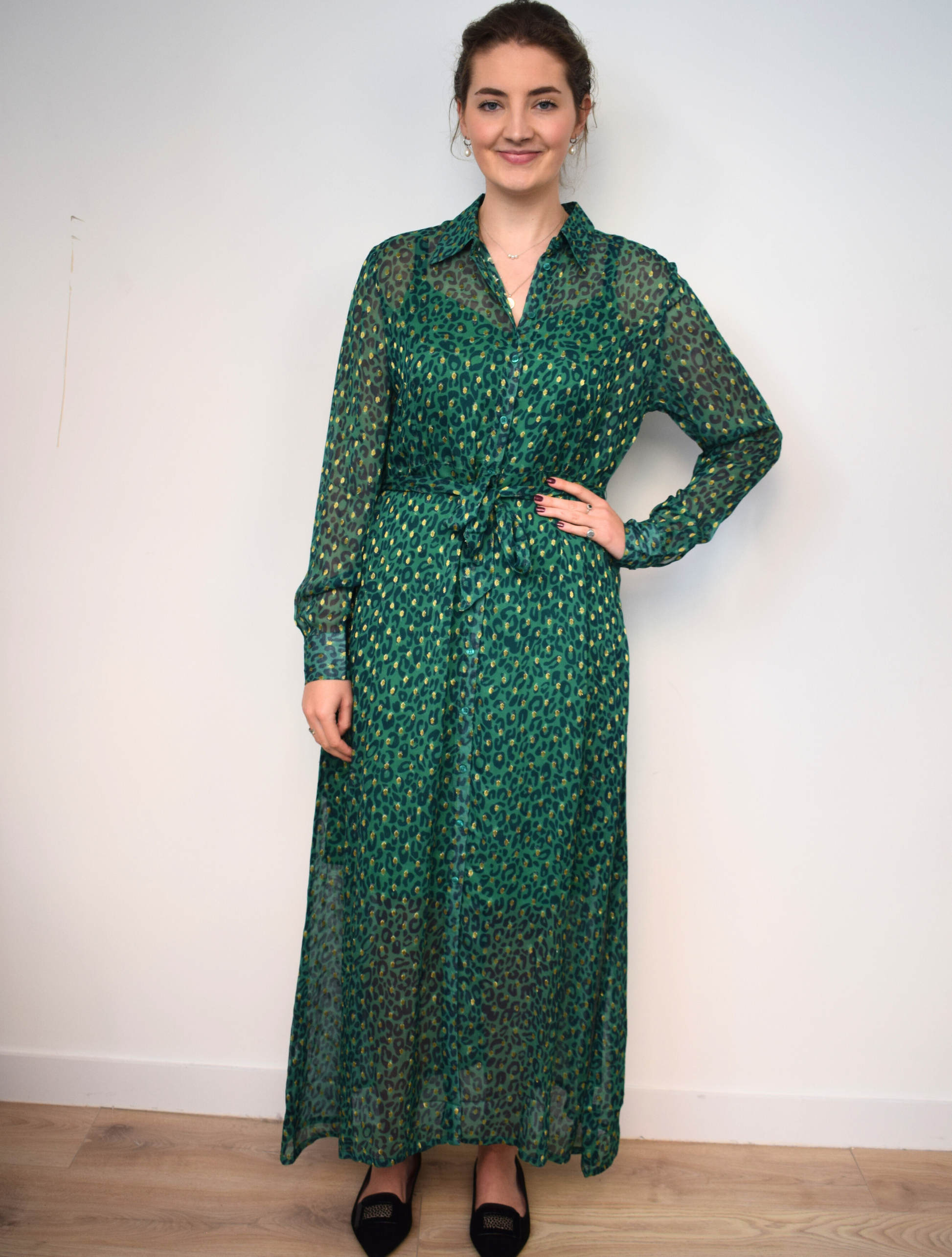 Green and gold thread maxi shirt dress