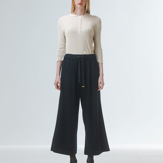 wide leg black culottes with drawstring waist and tie from emin and paul