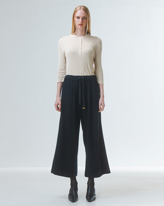 wide leg black culottes with drawstring waist and tie from emin and paul