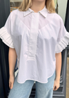 White blouse with ruffled sleeves worn by a person.