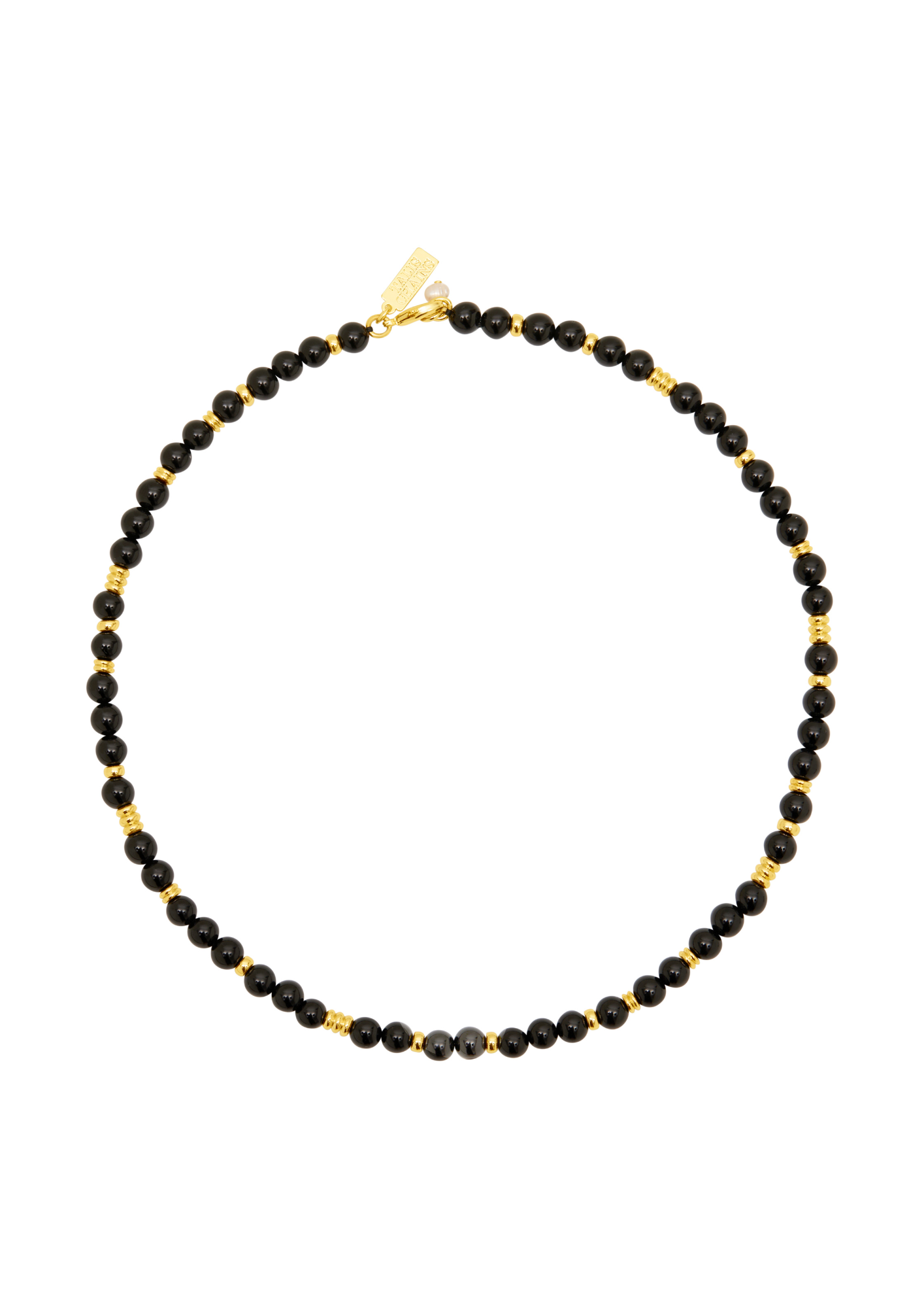 A beaded necklace featuring small, faceted black beads separated by tiny gold spacers, with a gold clasp, shown on a plain white background.