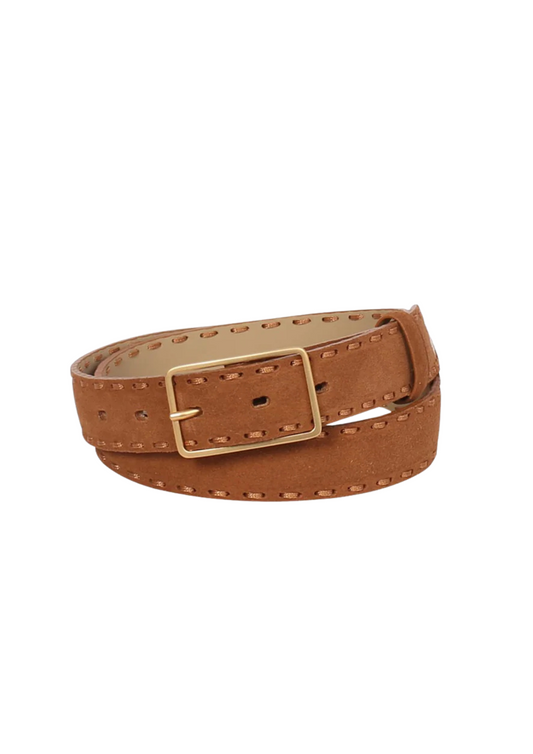 Tan leather belt with gold brushed rectangle buckle