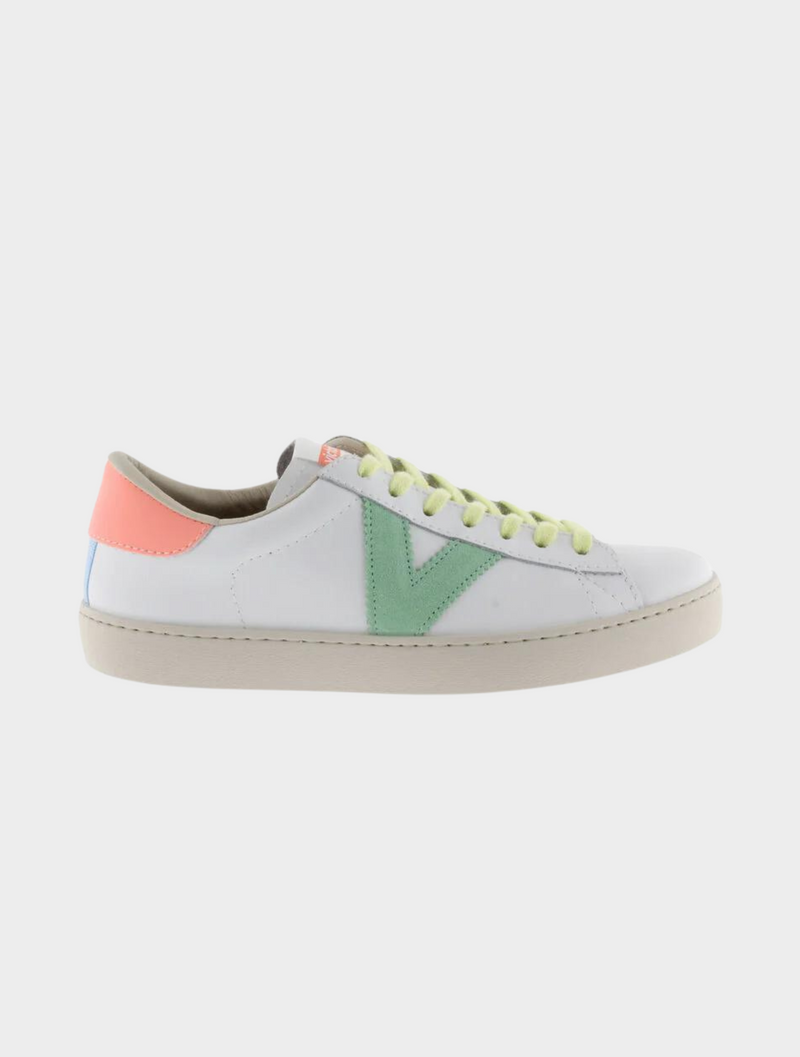 White faux leather trainer with yellow laces and contrast coral heel tab and green blue V on outer side
