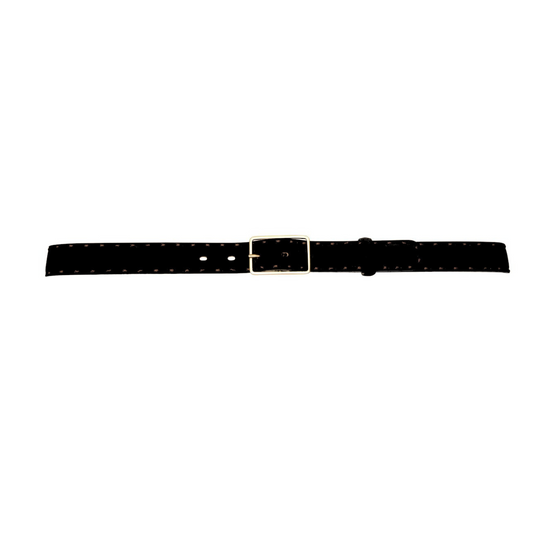 Black suede belt with gold buckle and black stitch detail.