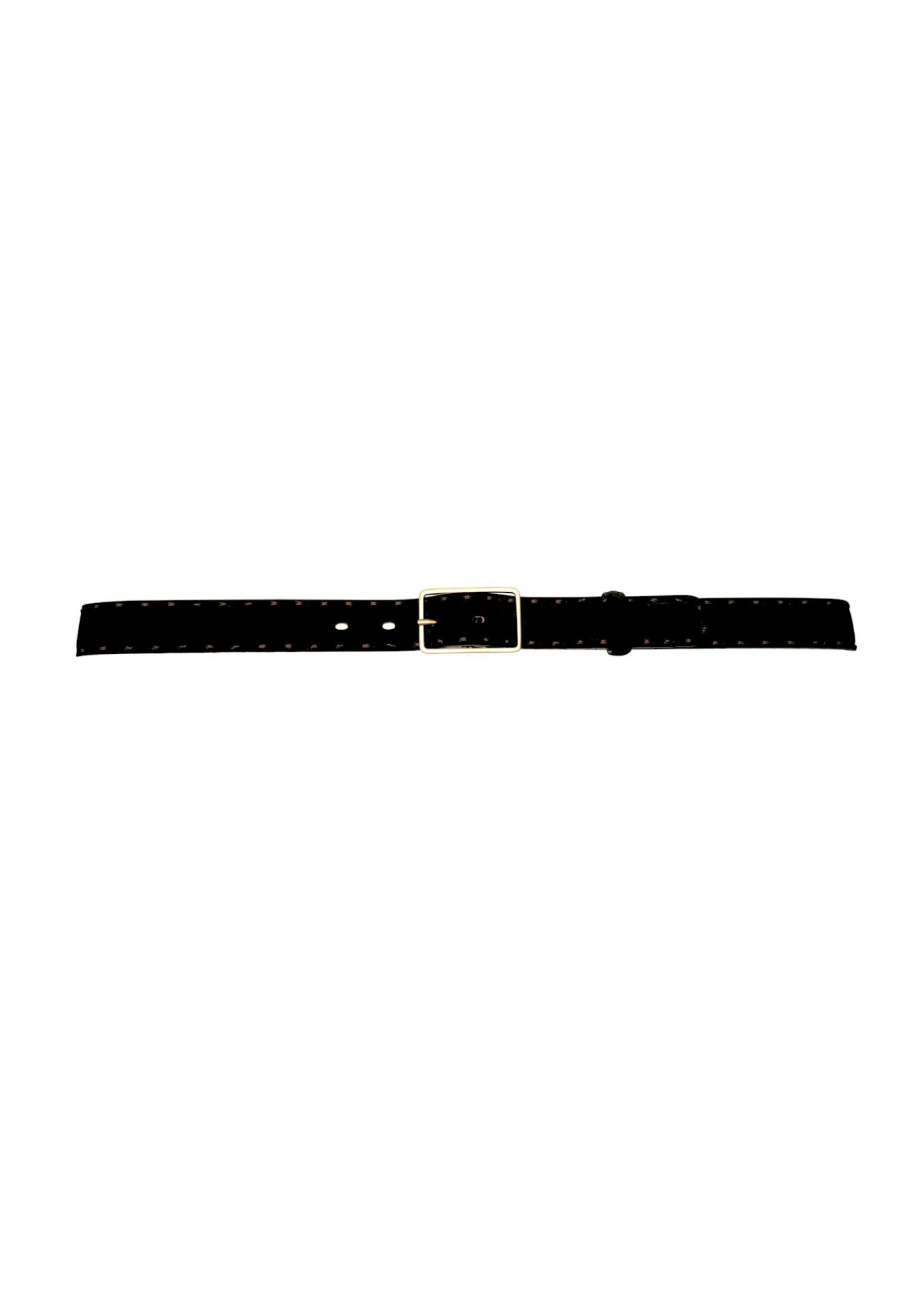 Black suede belt with gold buckle and black stitch detail.