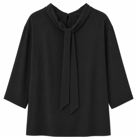 A black long-sleeve blouse with a wide draped collar and a front tie detail, shown against a plain white background.