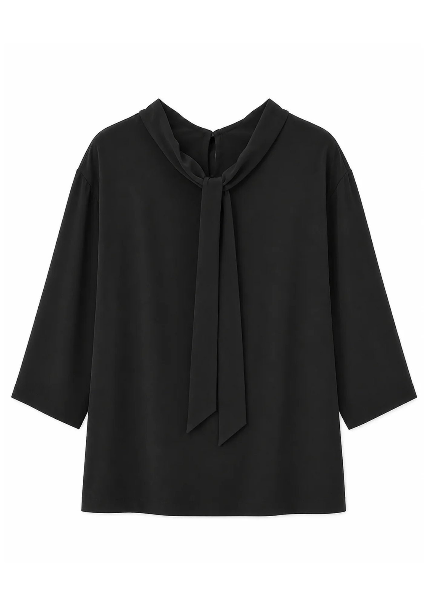 A black long-sleeve blouse with a wide draped collar and a front tie detail, shown against a plain white background.