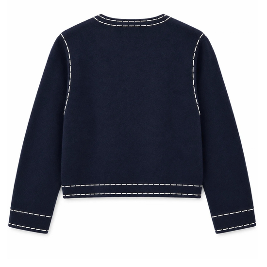 A navy long-sleeve cropped knit sweater with a wide boat neckline and ribbed cuffs, displayed against a plain white background.