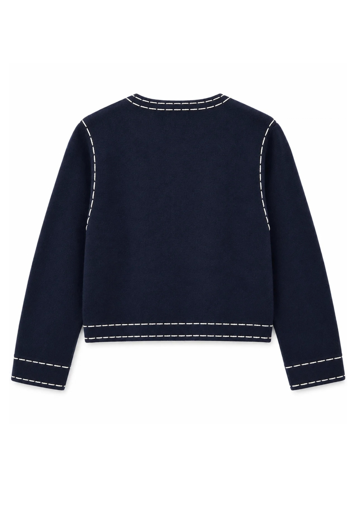 A navy long-sleeve cropped knit sweater with a wide boat neckline and ribbed cuffs, displayed against a plain white background.