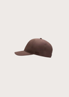 A dark brown structured baseball cap with a curved brim, shown from a side profile against a light gray background.