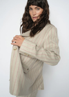 model wearing pinstripe blazer on plain background