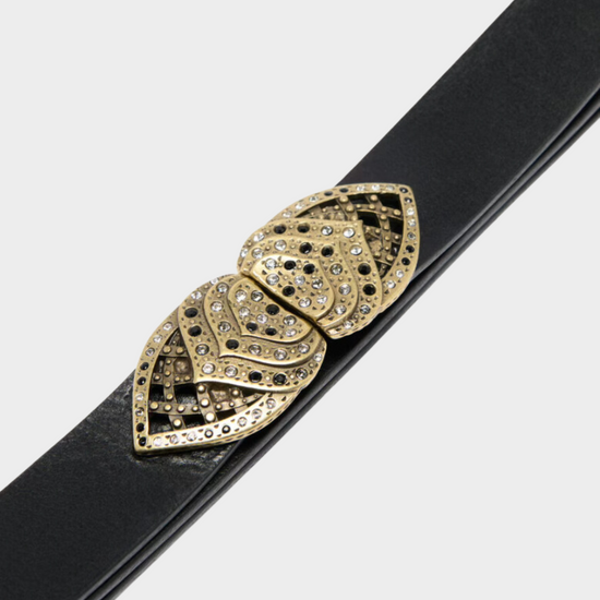 Black leather belt adjustable at the back with a gold metallic buckle that clips at the front with small crystals