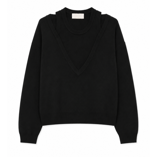A black knit sweater with a split V-neckline, displayed flat against a solid white background.