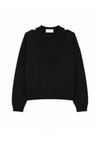 A black knit sweater with a split V-neckline, displayed flat against a solid white background.