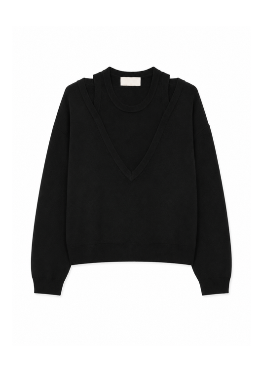 A black knit sweater with a split V-neckline, displayed flat against a solid white background.