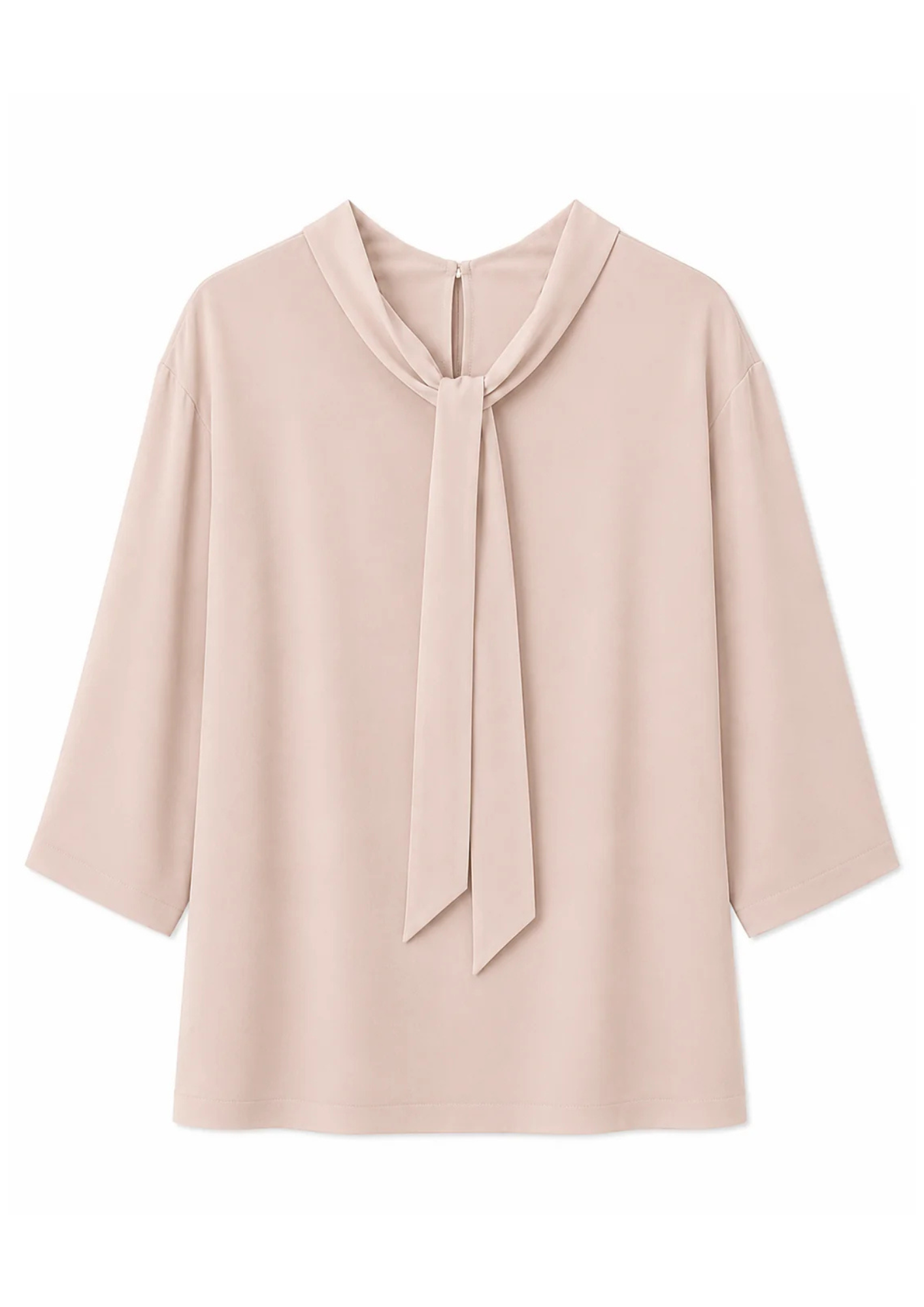 reverse flat lay of a blush pink blouse with a tie neck detail