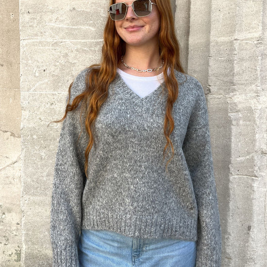 grey loose V neck knit jumper 