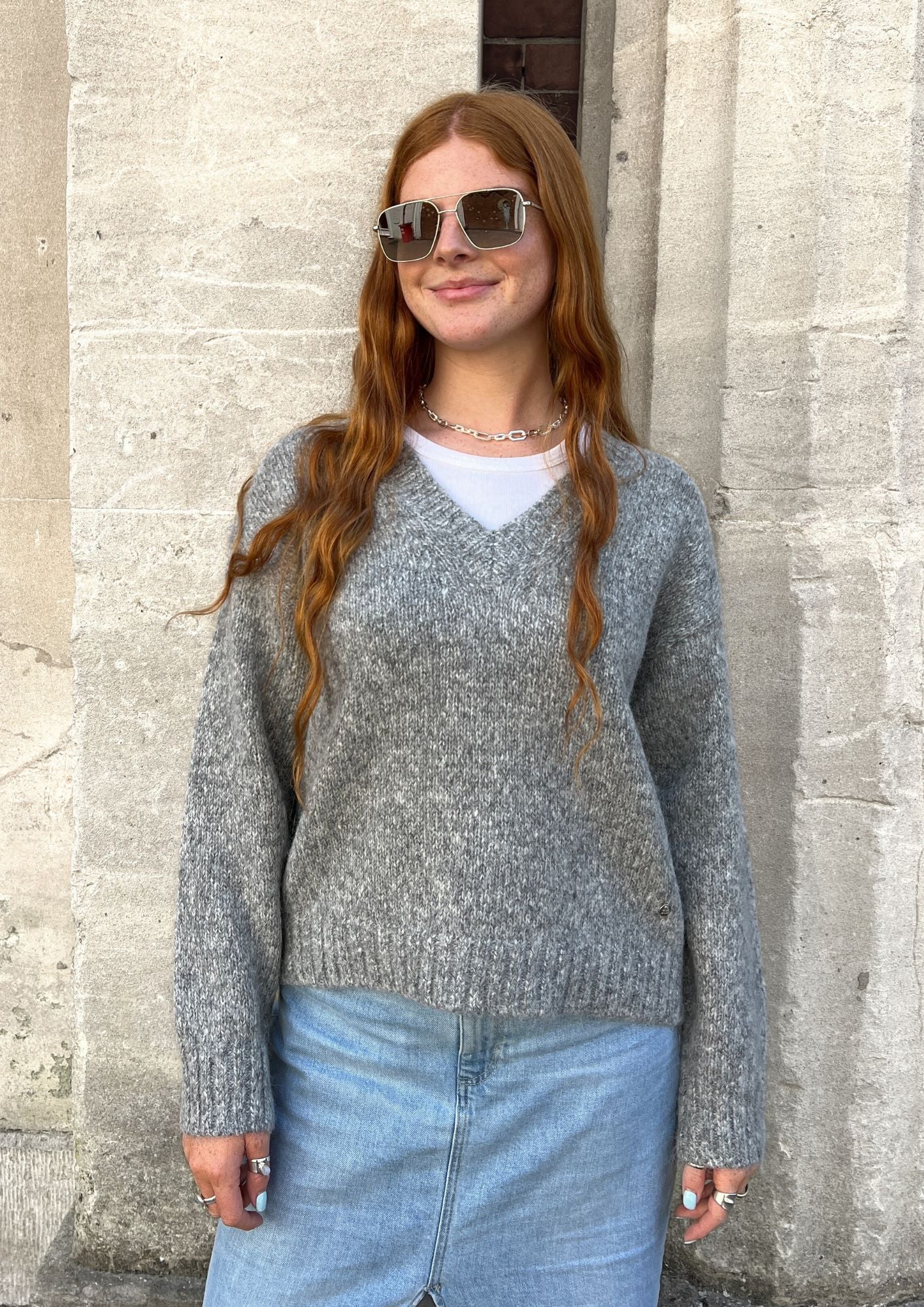 grey loose V neck knit jumper 