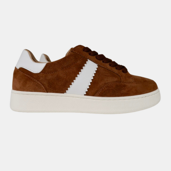 coffee suede trainers with white stripe on side 