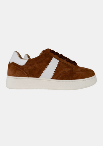 coffee suede trainers with white stripe on side 